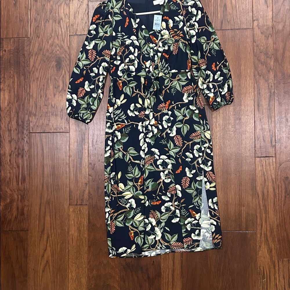LOFT Navy Midi Dress with Green Leaves & Cream Florals